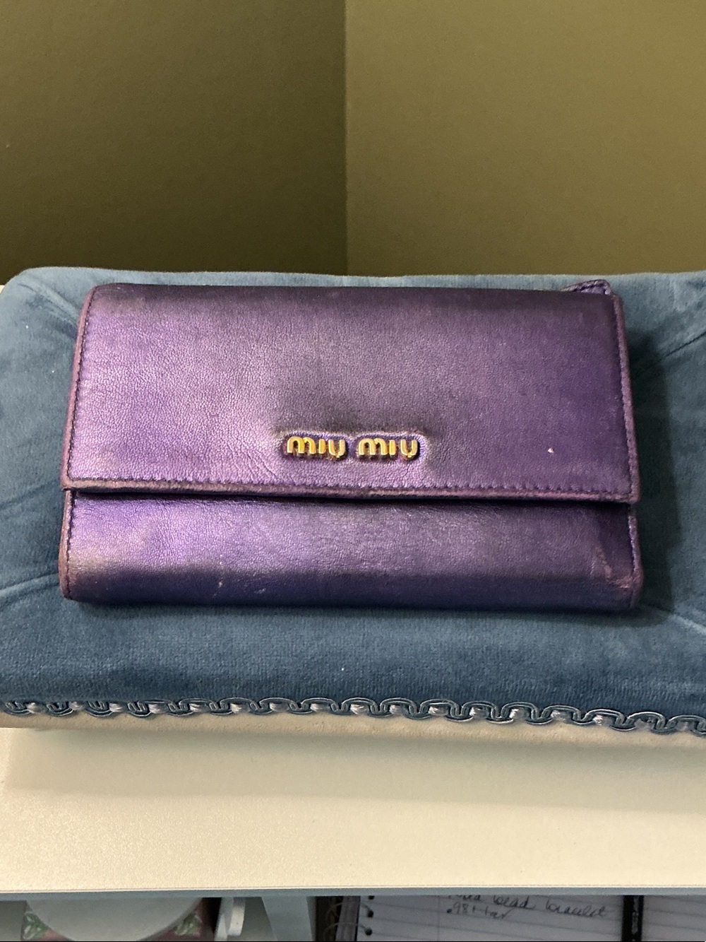 Miu Miu Metallic Purple Leather Wallet with Gold Logo & Hardware 6.25x3.75x0.75
